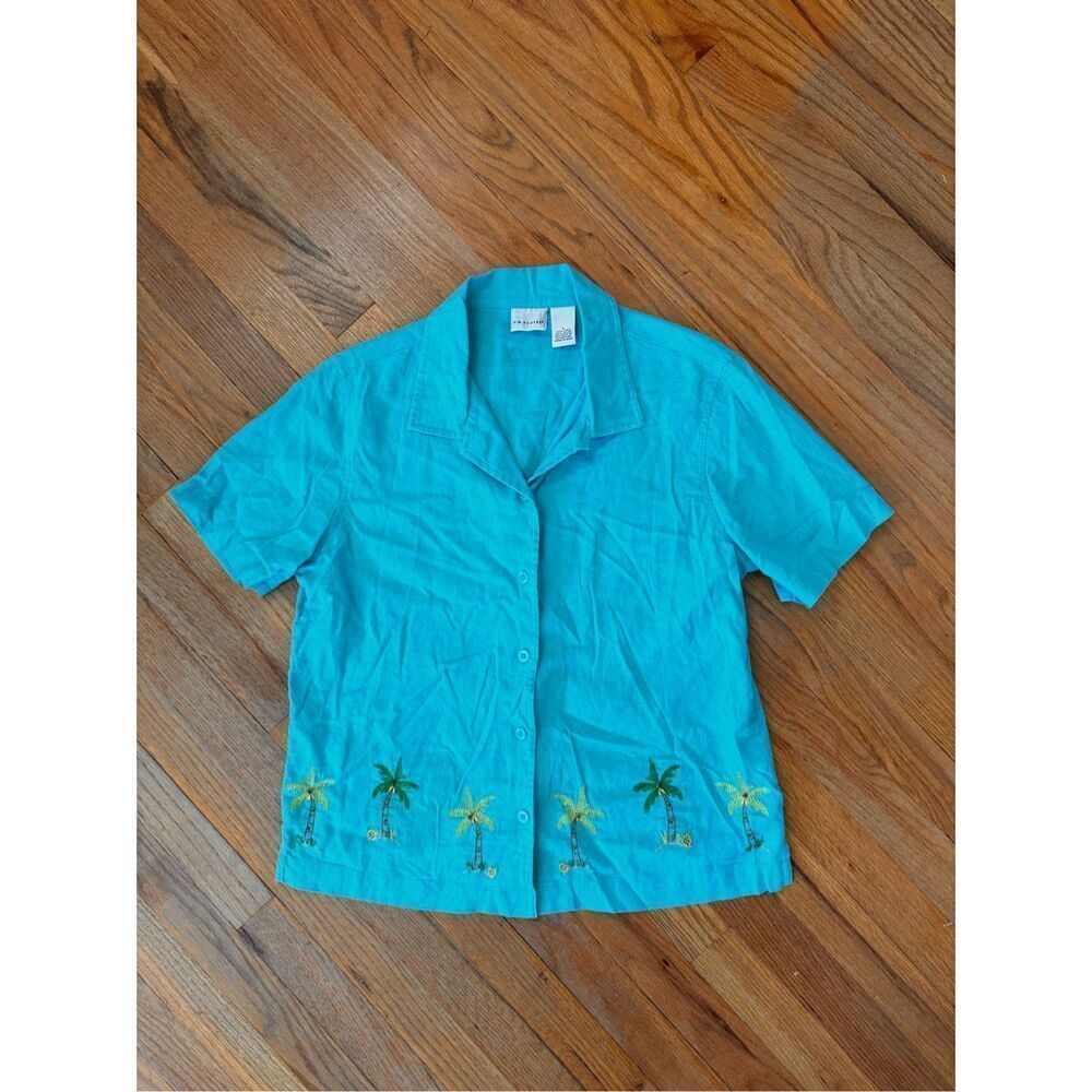 Vintage Kim Rogers Linen Blend Embroidered Palm Tree Beach Shirt Size L